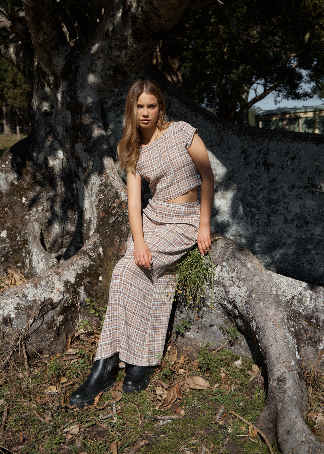 AFENDS Womens Flight - Seersucker Check Top - Chai Check