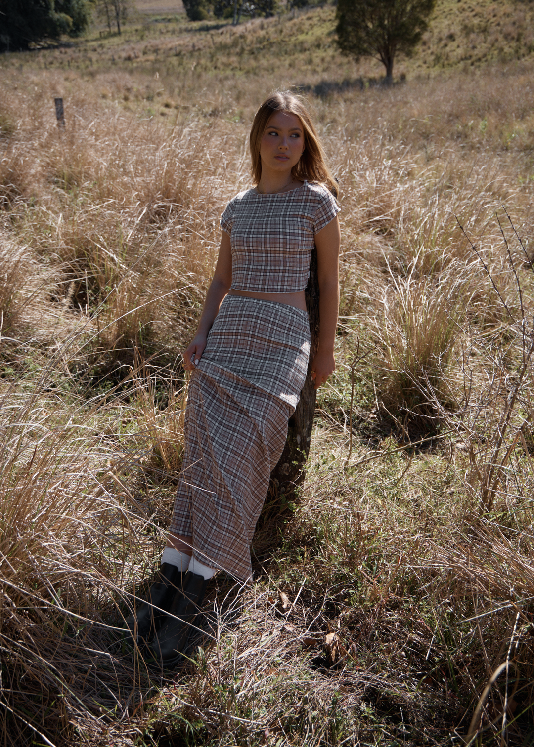 AFENDS Womens Flight - Seersucker Maxi Skirt - Chai Check