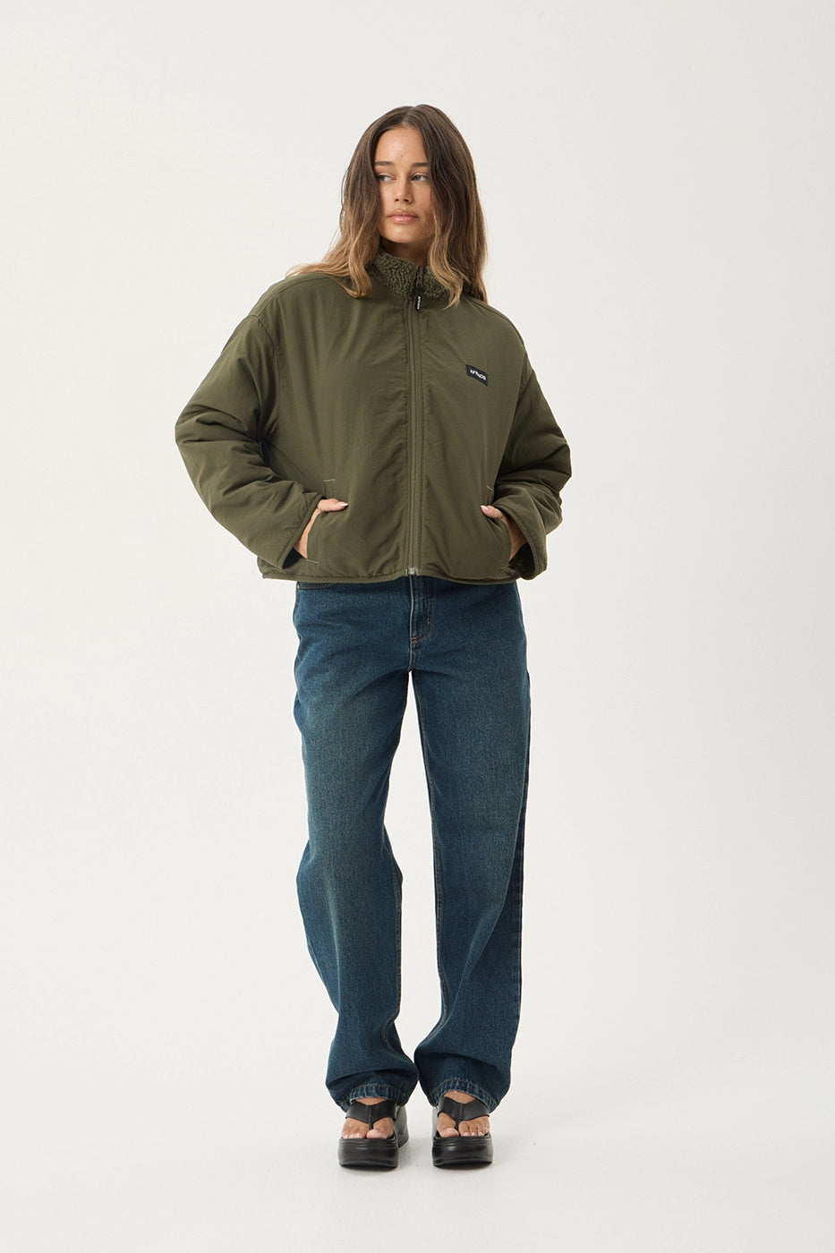 AFENDS Womens Berlin - Reversible Polar Fleece Jacket - Deep Olive