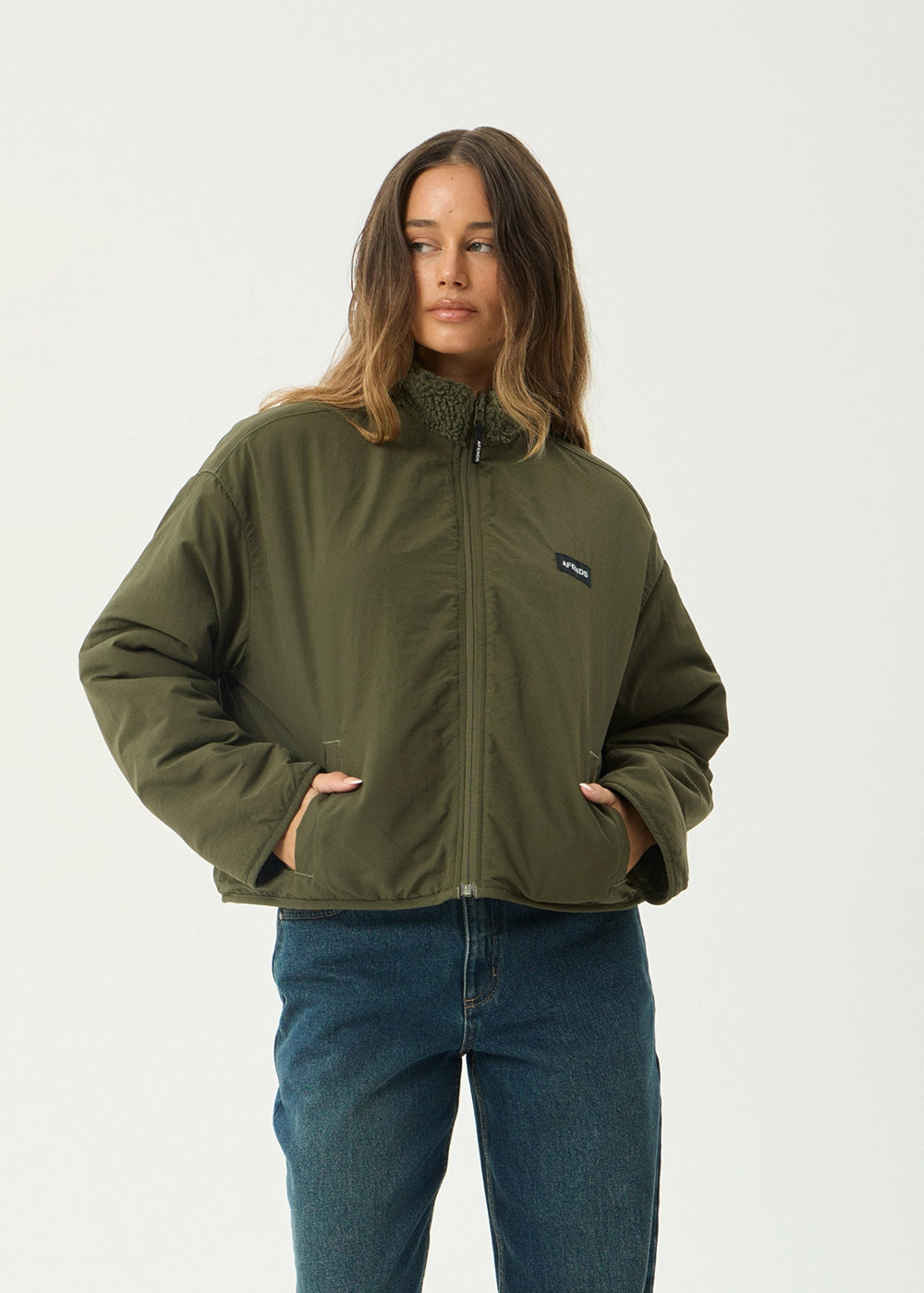 AFENDS Womens Berlin - Reversible Polar Fleece Jacket - Deep Olive
