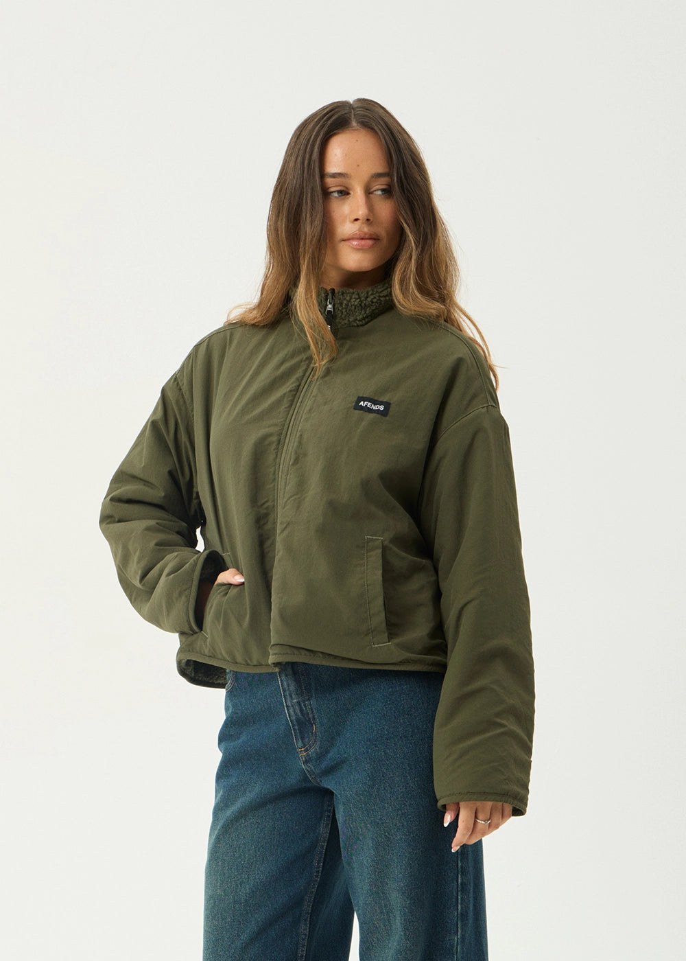 AFENDS Womens Berlin - Reversible Polar Fleece Jacket - Deep Olive