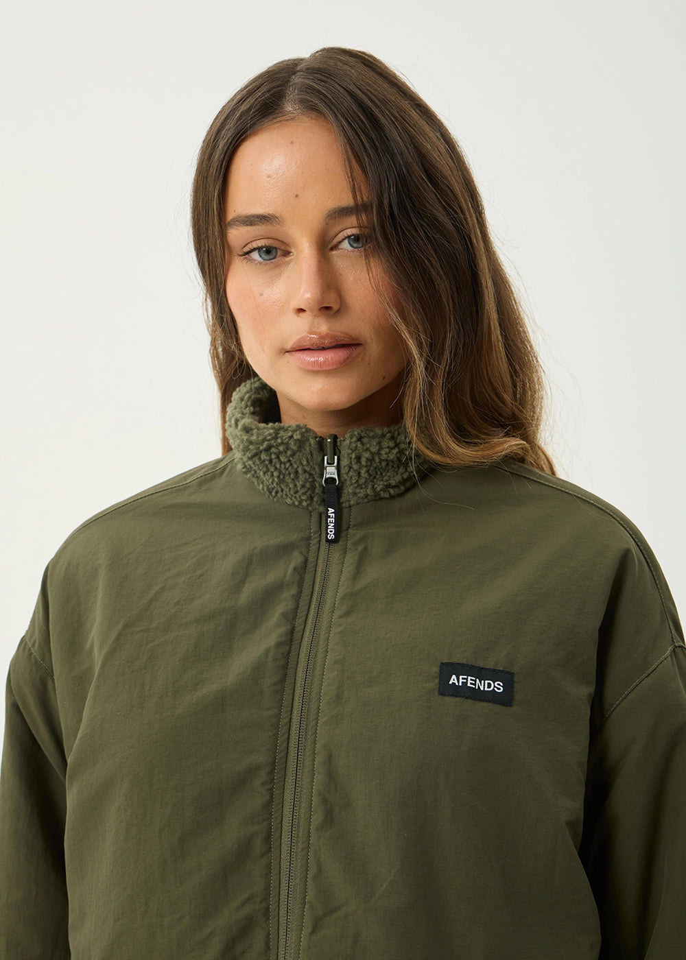 AFENDS Womens Berlin - Reversible Polar Fleece Jacket - Deep Olive