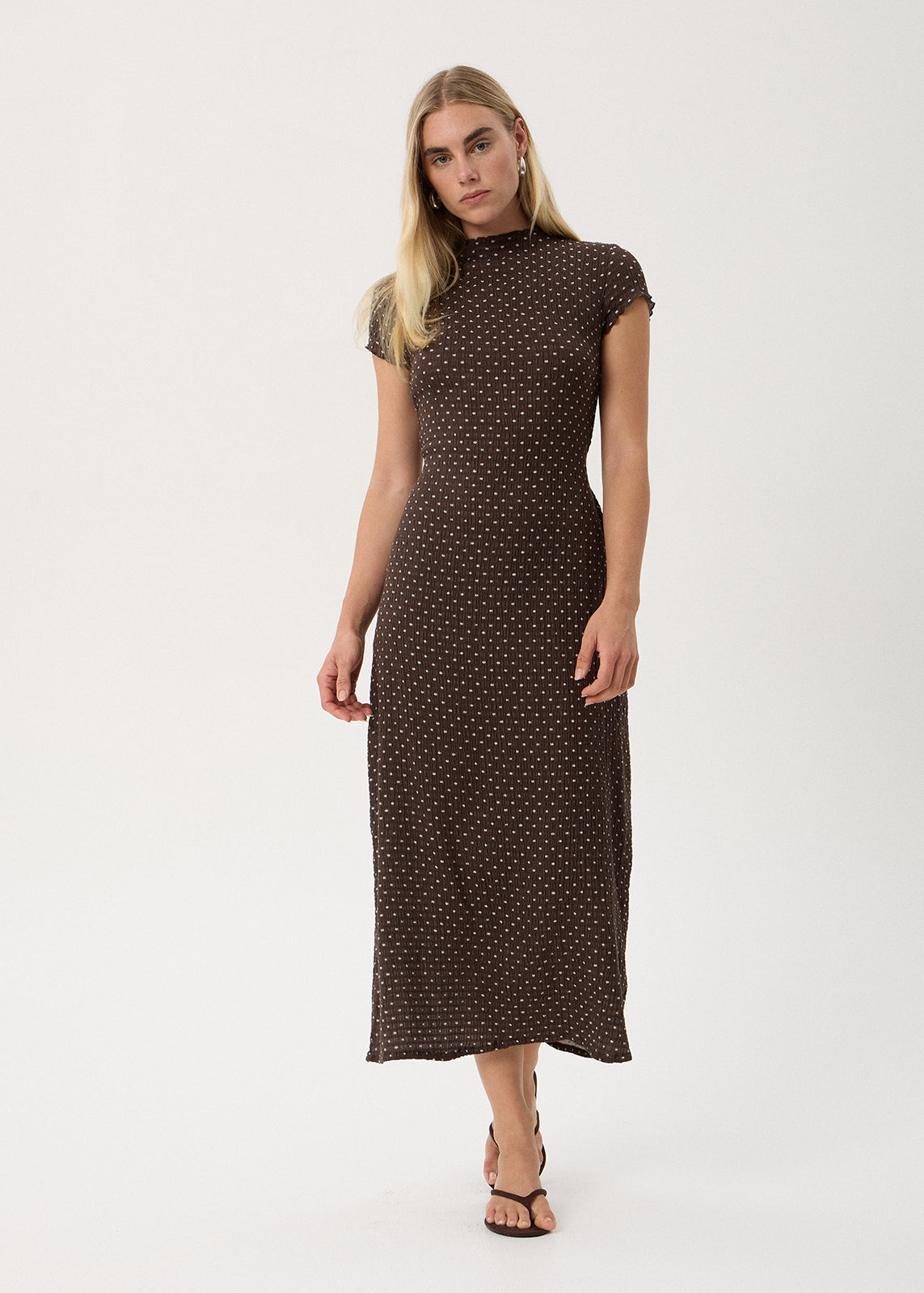 AFENDS Womens Elodie - Seersucker Midi Dress - Coffee Polka Dot