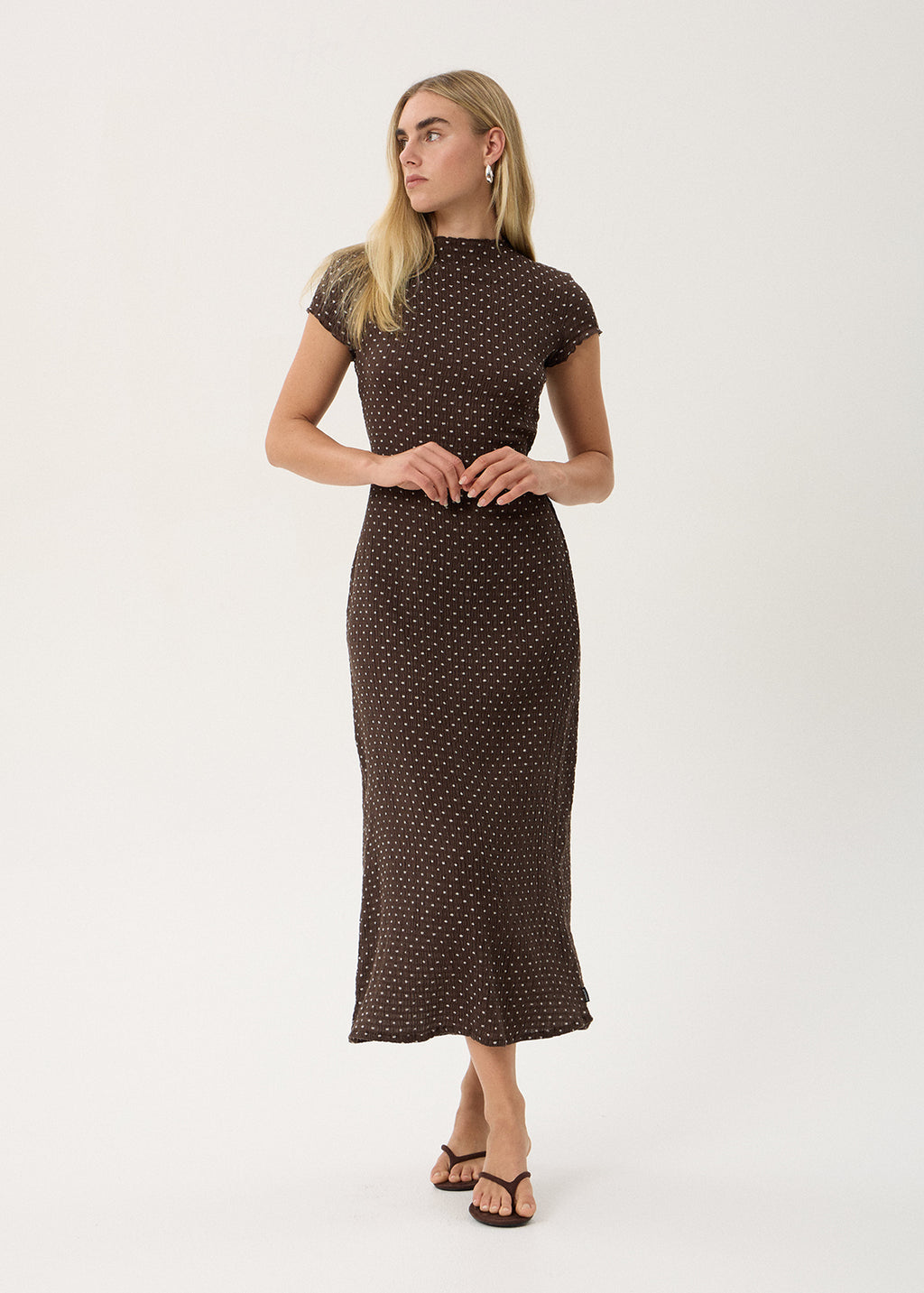 AFENDS Womens Elodie - Seersucker Midi Dress - Coffee Polka Dot