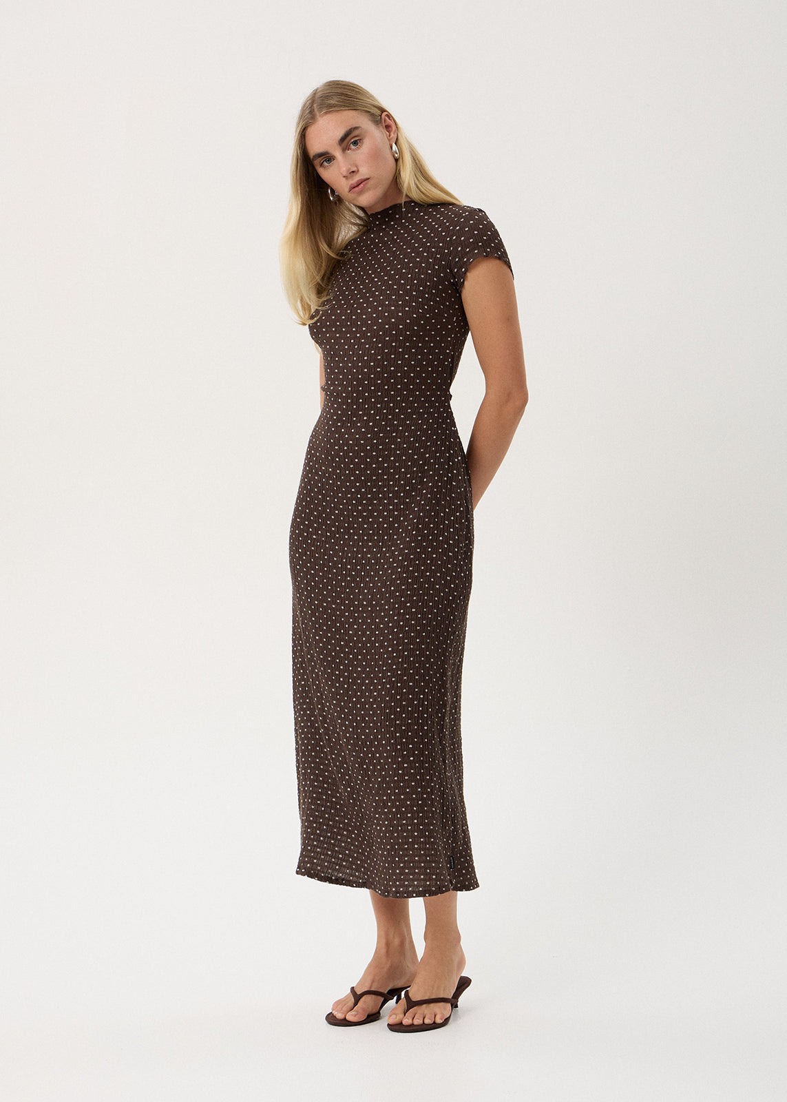 AFENDS Womens Elodie - Seersucker Midi Dress - Coffee Polka Dot