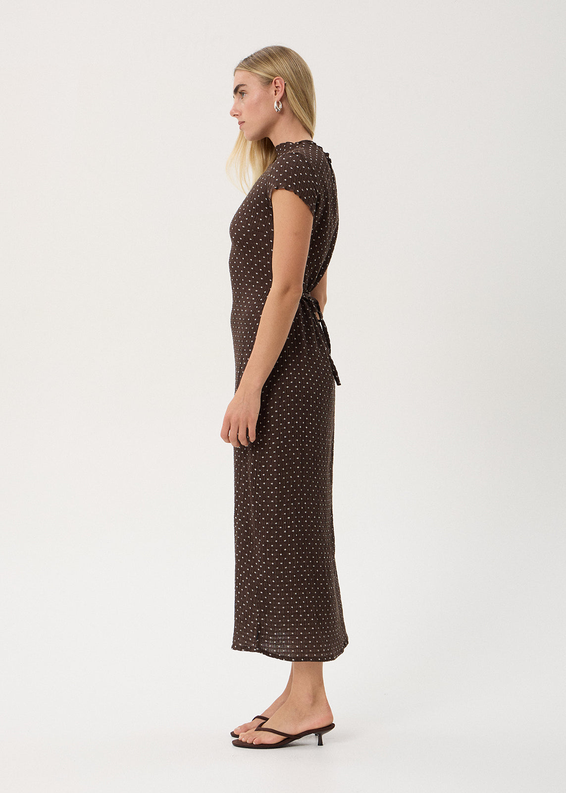 AFENDS Womens Elodie - Seersucker Midi Dress - Coffee Polka Dot