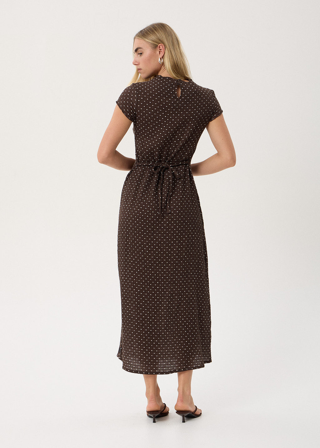 AFENDS Womens Elodie - Seersucker Midi Dress - Coffee Polka Dot