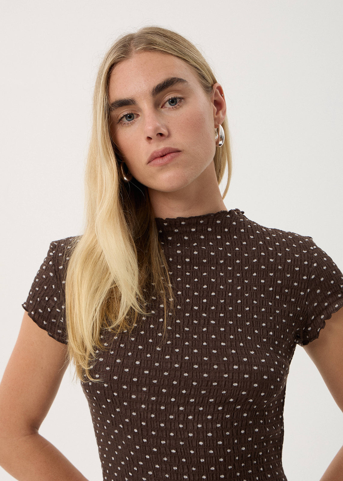 AFENDS Womens Elodie - Seersucker Midi Dress - Coffee Polka Dot