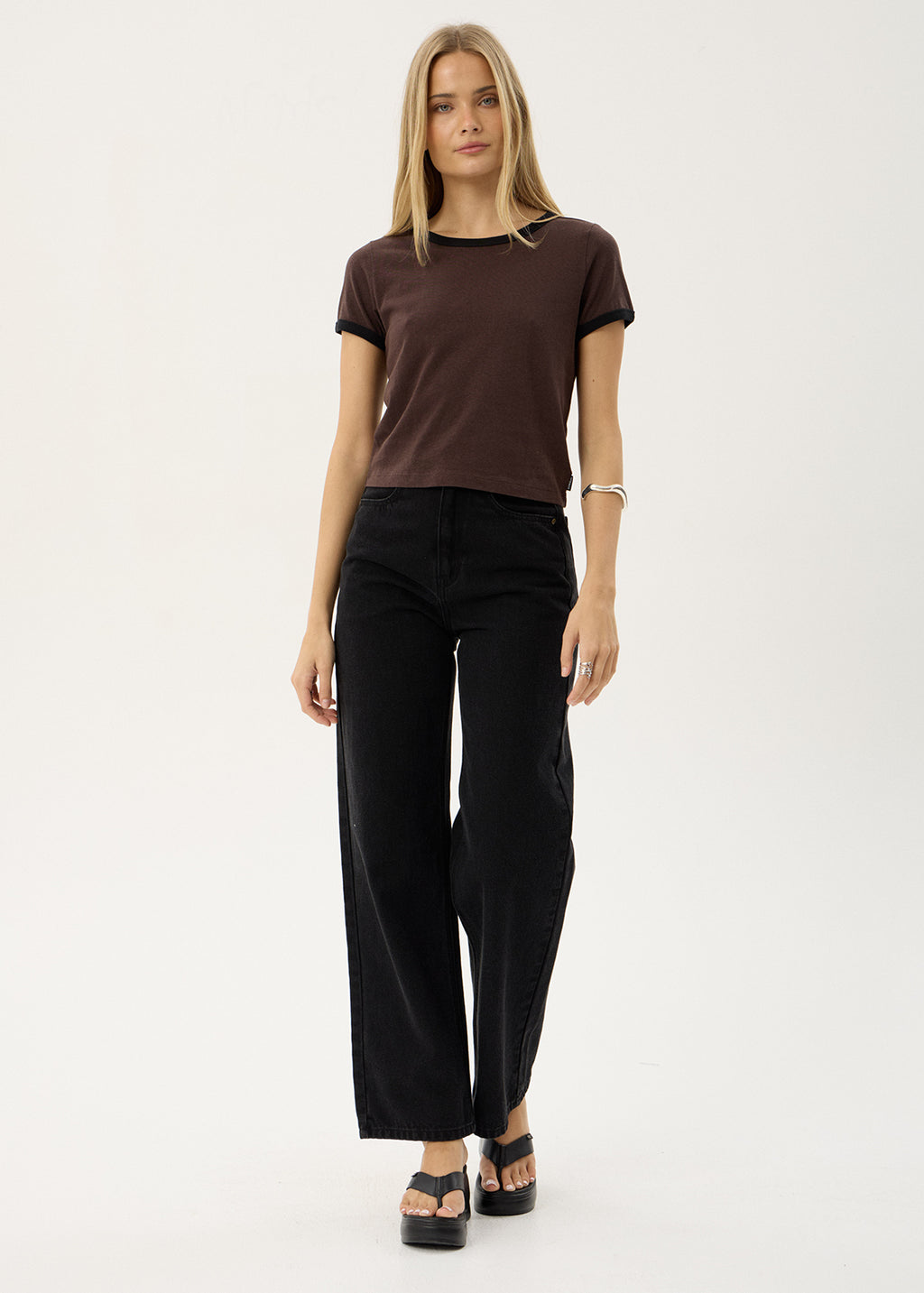 AFENDS Womens Carmen - Baby Ringer Tee - Coffee / Black