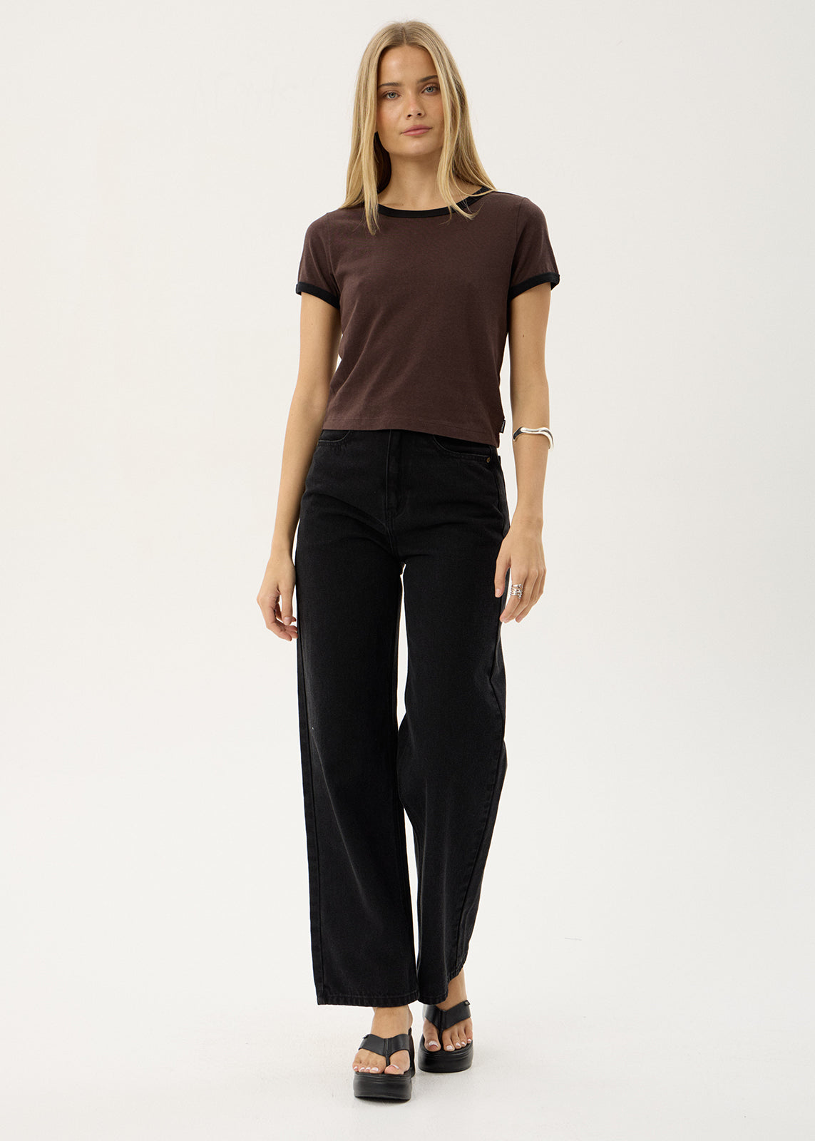 AFENDS Womens Carmen - Baby Ringer Tee - Coffee / Black