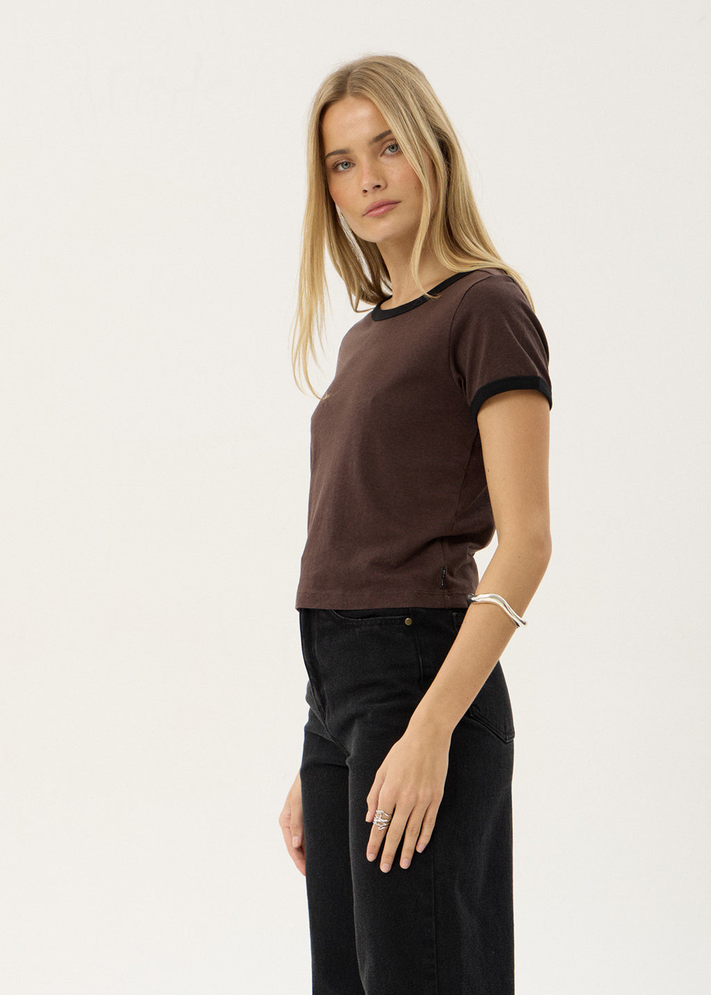 AFENDS Womens Carmen - Baby Ringer Tee - Coffee / Black