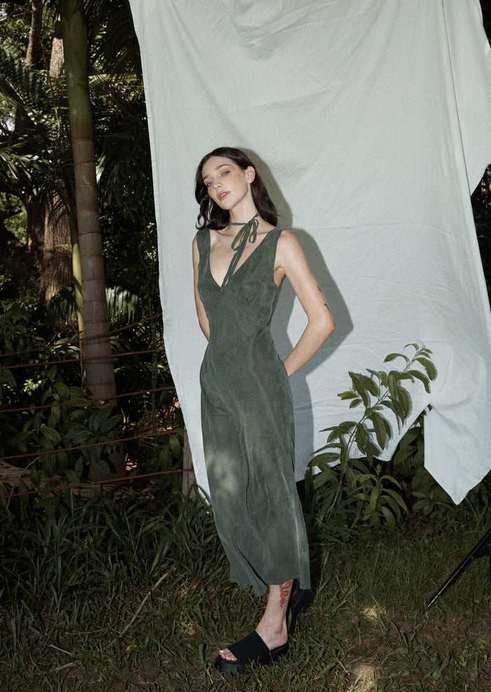 Afends Womens Gia - Cupro Maxi Dress - Deep Green 
