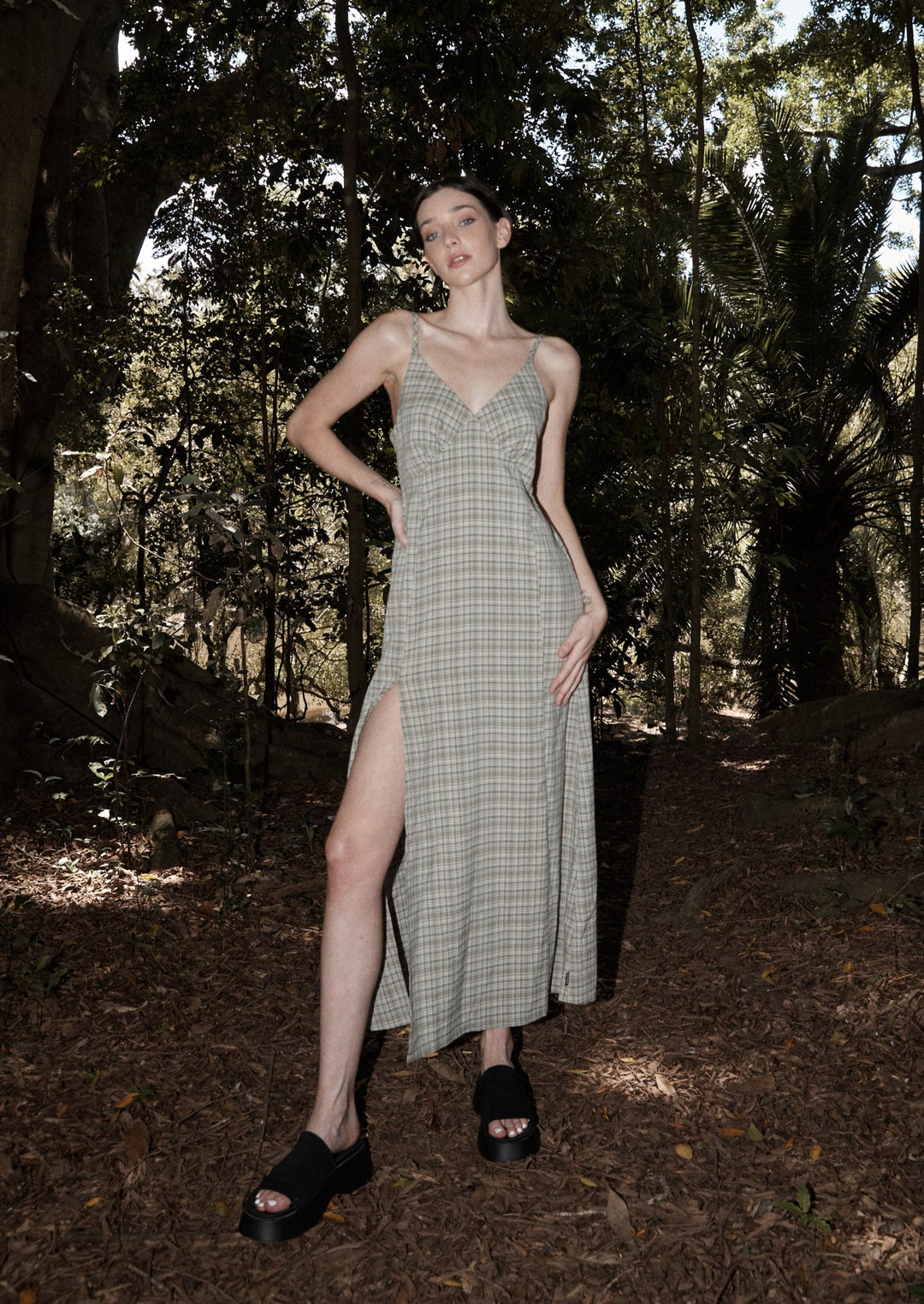 AFENDS Womens Willow Check - Maxi Dress - Military Check 