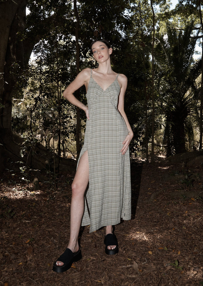 Afends Womens Willow Check - Maxi Dress - Military Check 