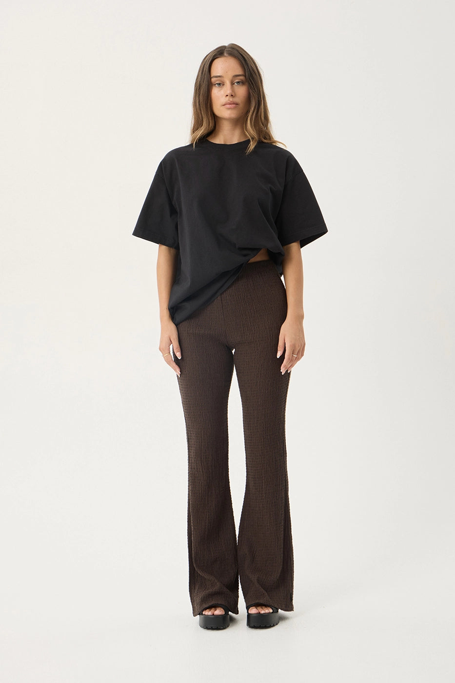 AFENDS Womens Focus - Seersucker Flare Pant - Coffee