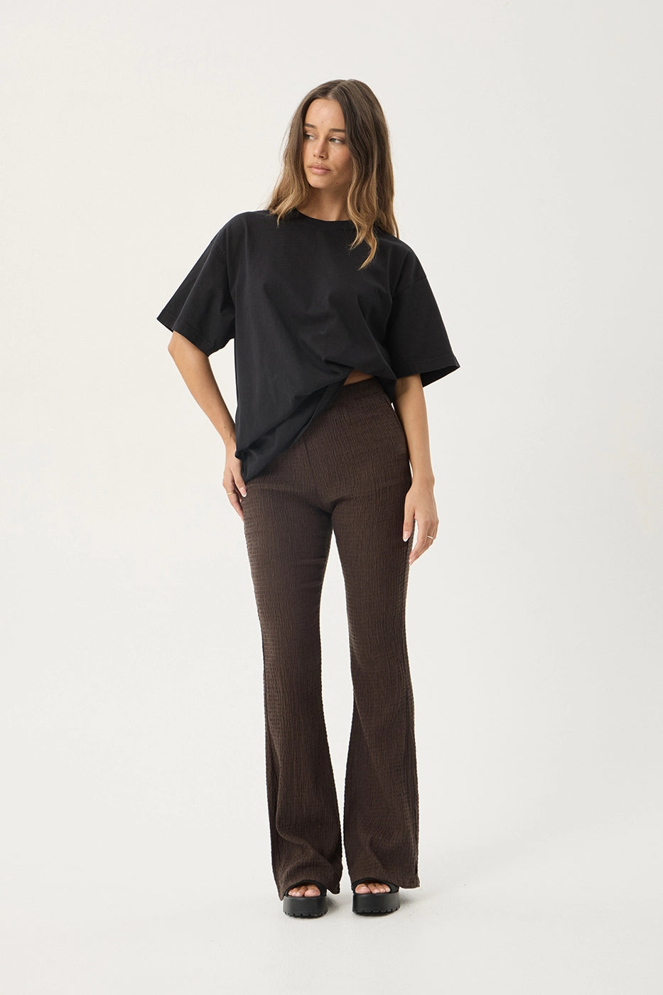 AFENDS Womens Focus - Seersucker Flare Pant - Coffee