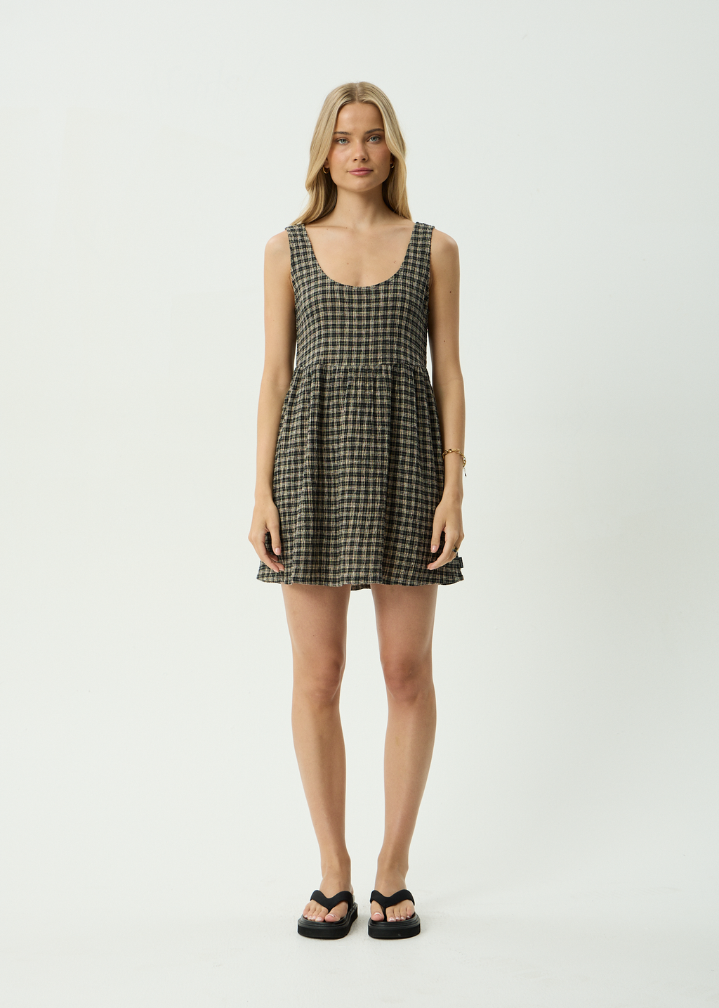 AFENDS Womens Jesse - Seersucker Mini Dress - Tan / Olive Check