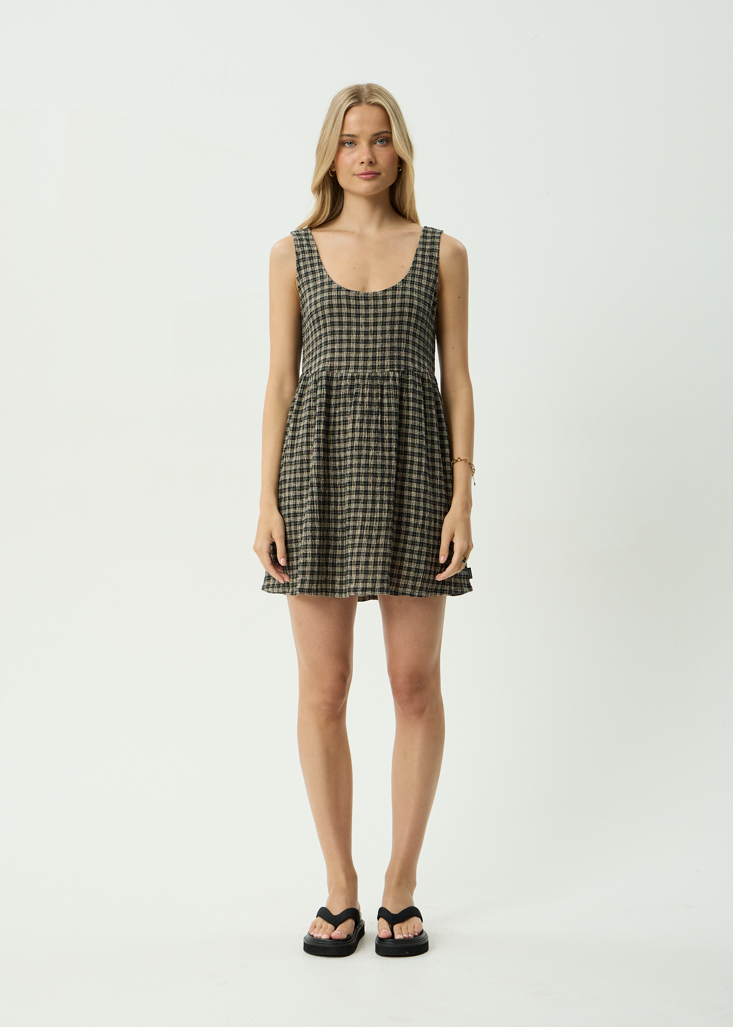 AFENDS Womens Jesse - Seersucker Mini Dress - Tan / Olive Check