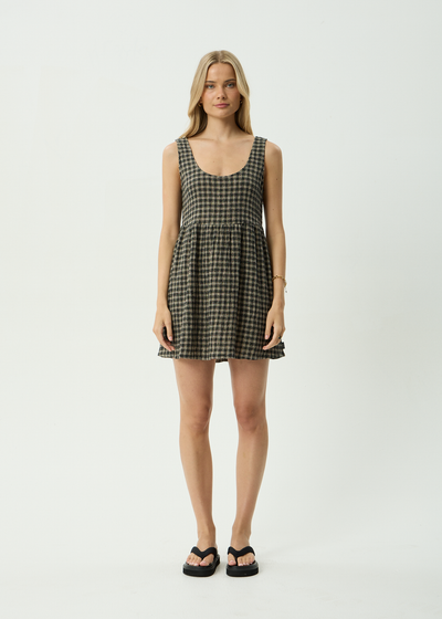 AFENDS Womens Jesse - Seersucker Mini Dress - Tan / Olive Check