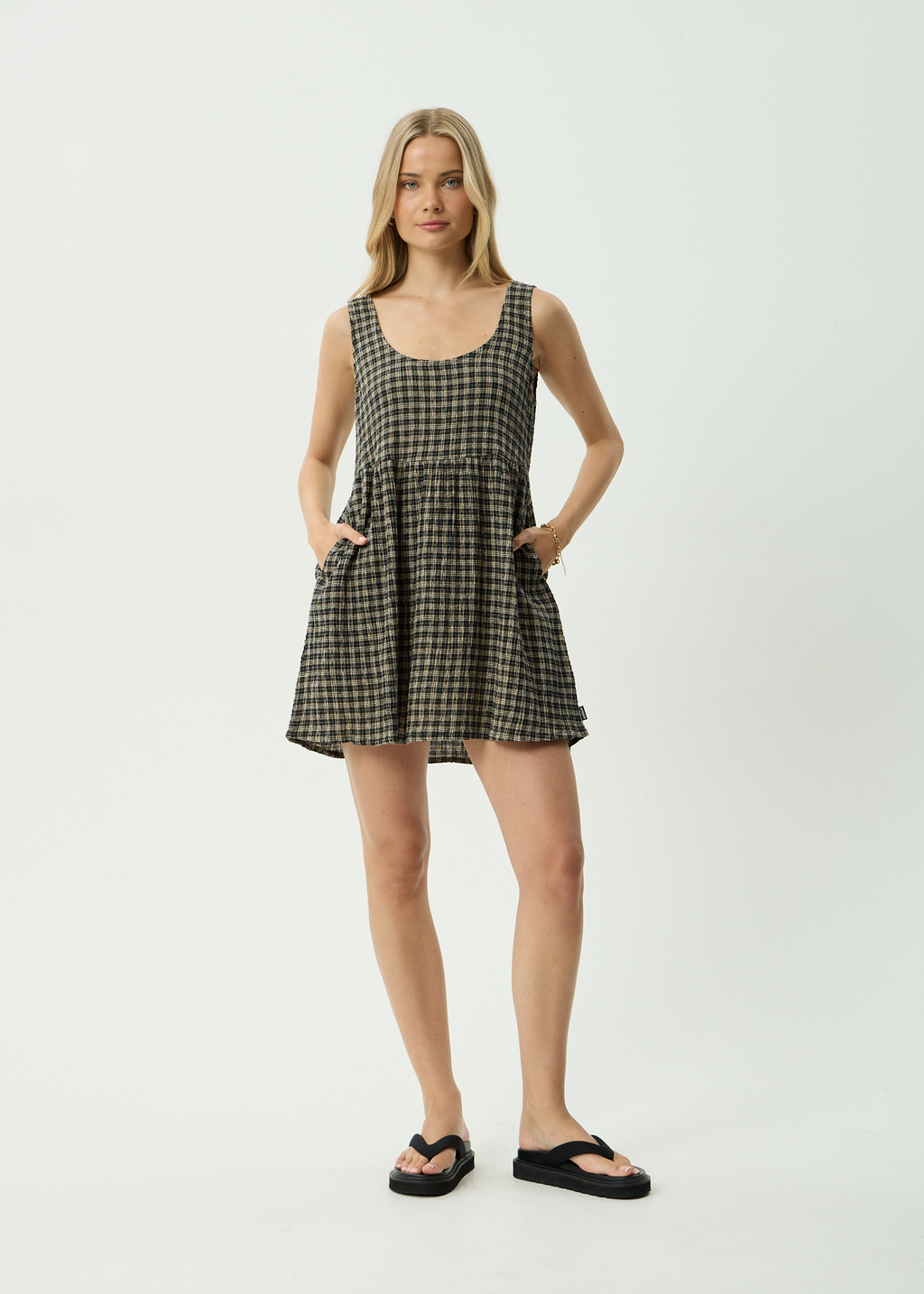 AFENDS Womens Jesse - Seersucker Mini Dress - Tan / Olive Check