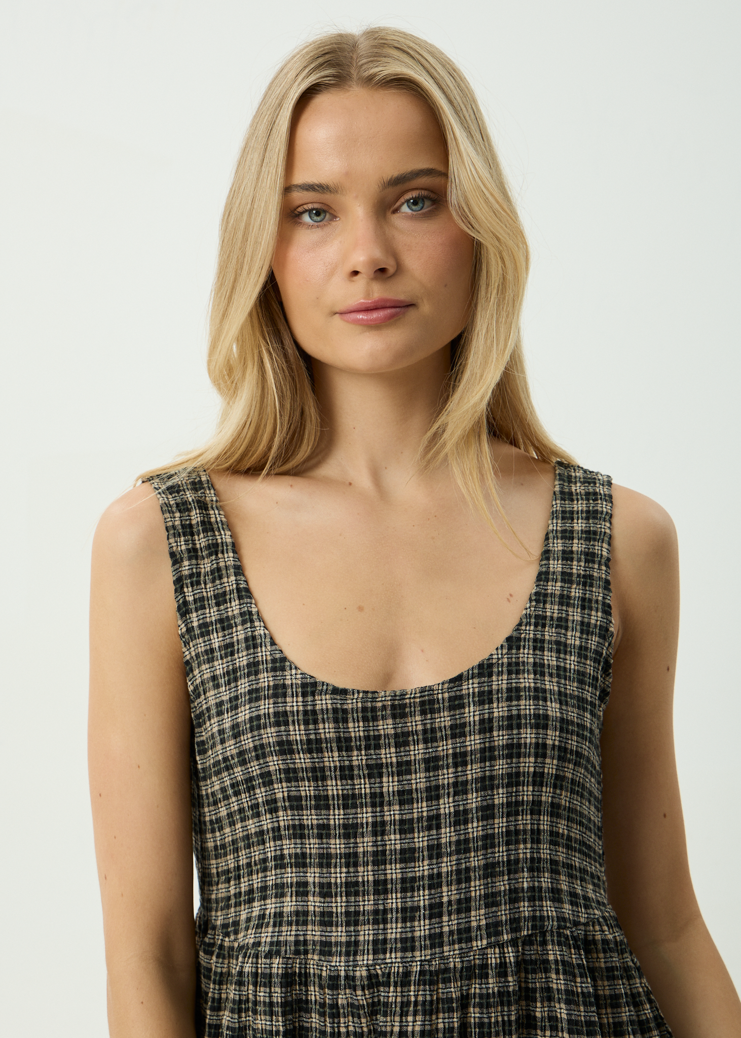 AFENDS Womens Jesse - Seersucker Mini Dress - Tan / Olive Check