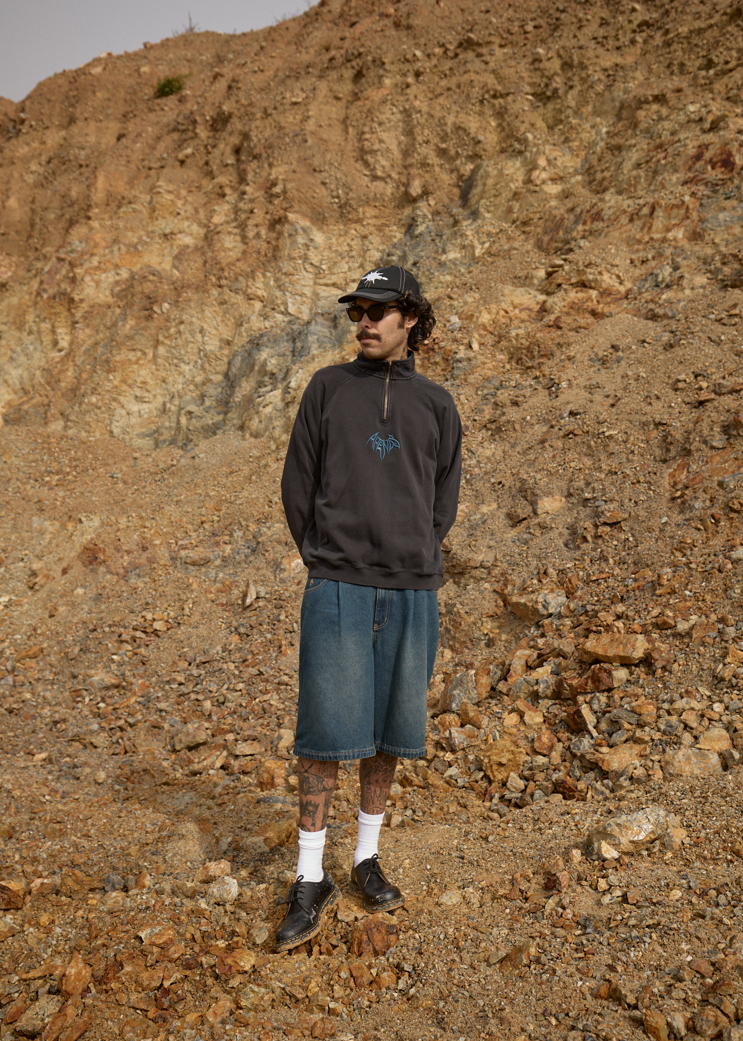 AFENDS Mens Bats - Raglan Quarter Zip Crew - Stone Black