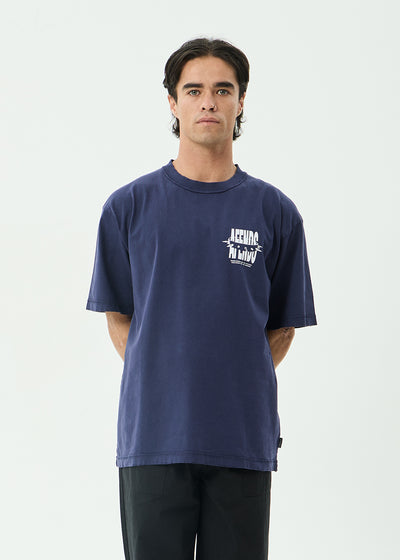 AFENDS Mens Bad Dog - Heavyweight Boxy Tee - Washed Deep Sea