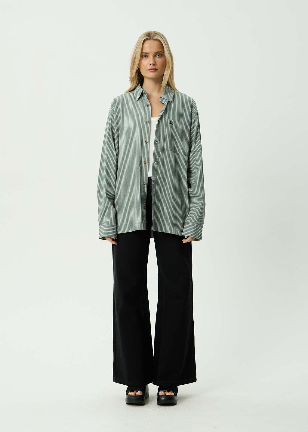 AFENDS Mens Pinned - Organic Oversized Striped Long Sleeve Shirt - Sycamore Stripe