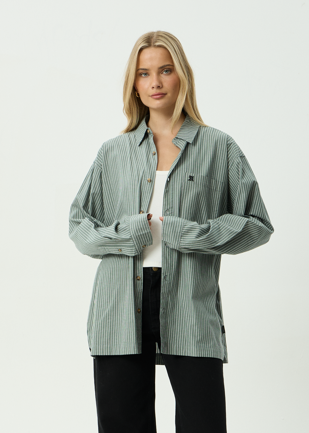 AFENDS Mens Pinned - Organic Oversized Striped Long Sleeve Shirt - Sycamore Stripe