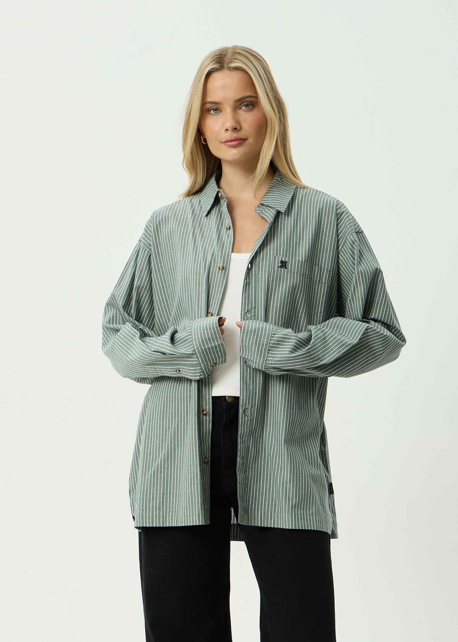 AFENDS Mens Pinned - Organic Oversized Striped Long Sleeve Shirt - Sycamore Stripe