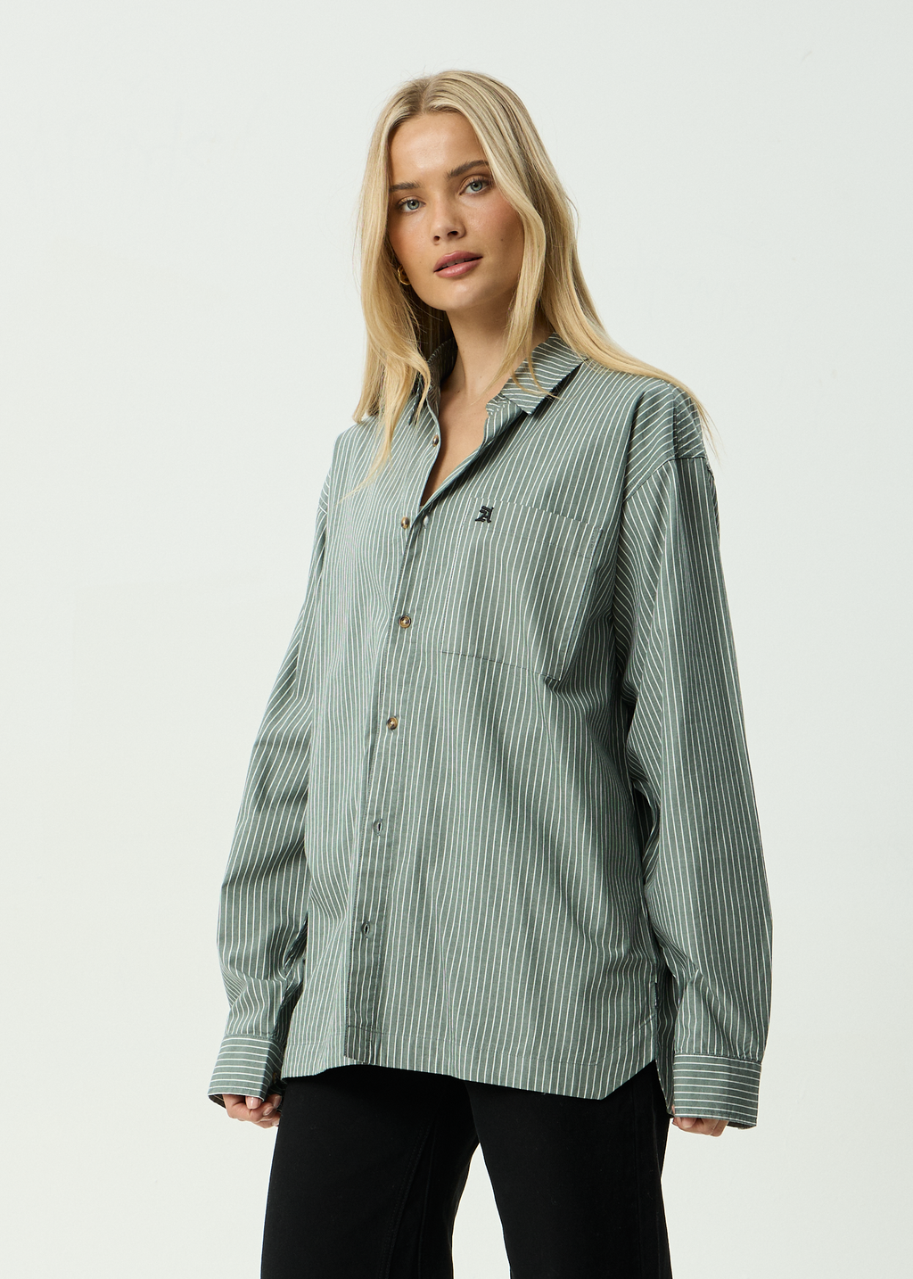 AFENDS Mens Pinned - Organic Oversized Striped Long Sleeve Shirt - Sycamore Stripe