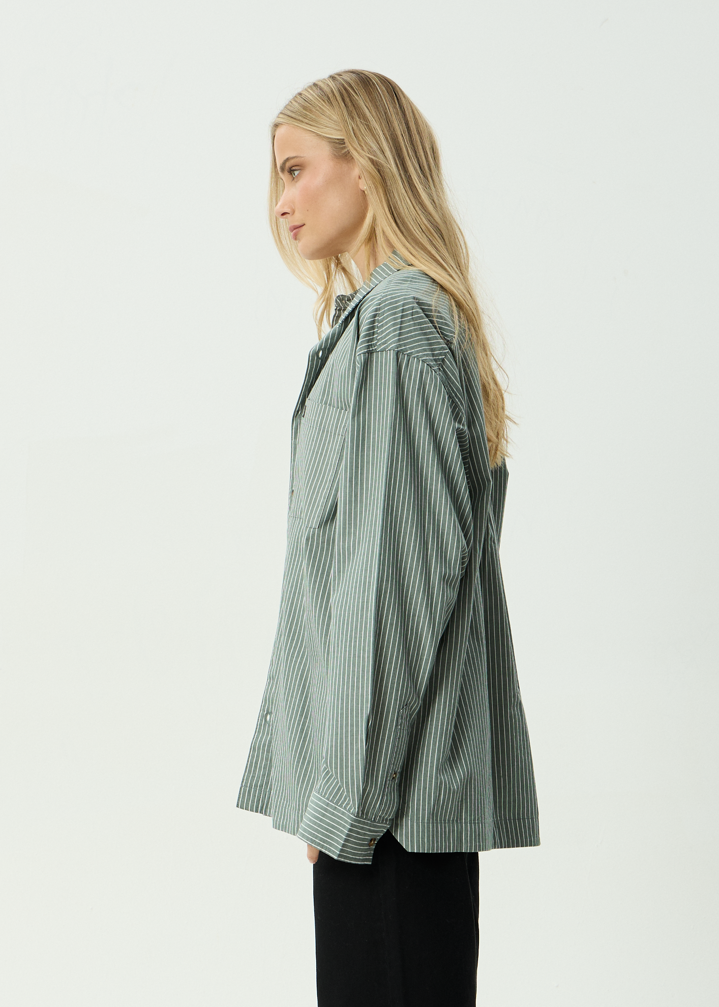 AFENDS Mens Pinned - Organic Oversized Striped Long Sleeve Shirt - Sycamore Stripe