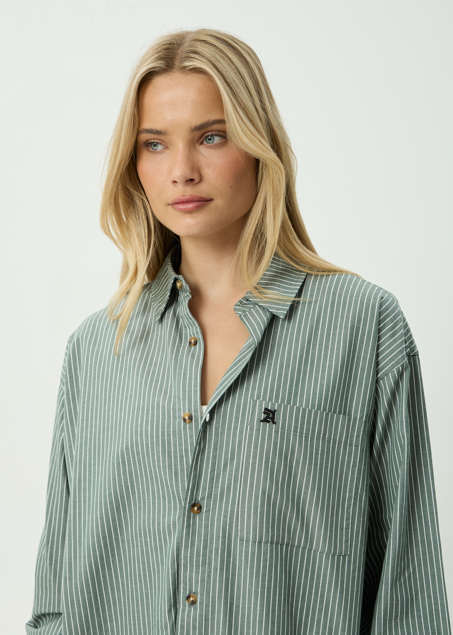 AFENDS Mens Pinned - Organic Oversized Striped Long Sleeve Shirt - Sycamore Stripe