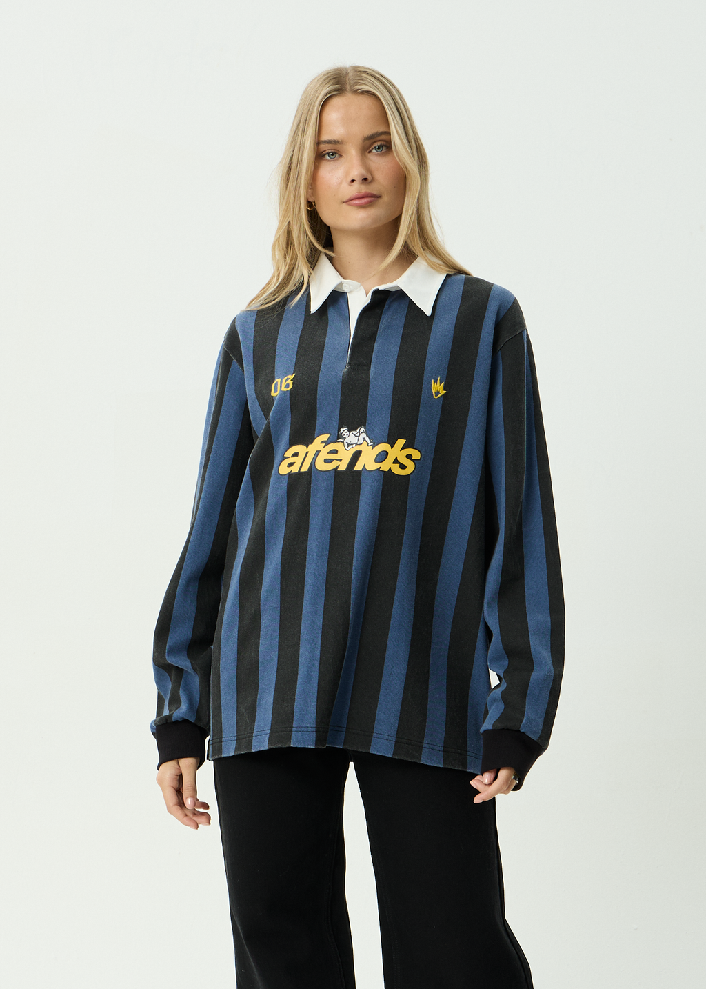 AFENDS Mens Angel Boy - Recycled Rugby Long Sleeve Tee - Black Stripe