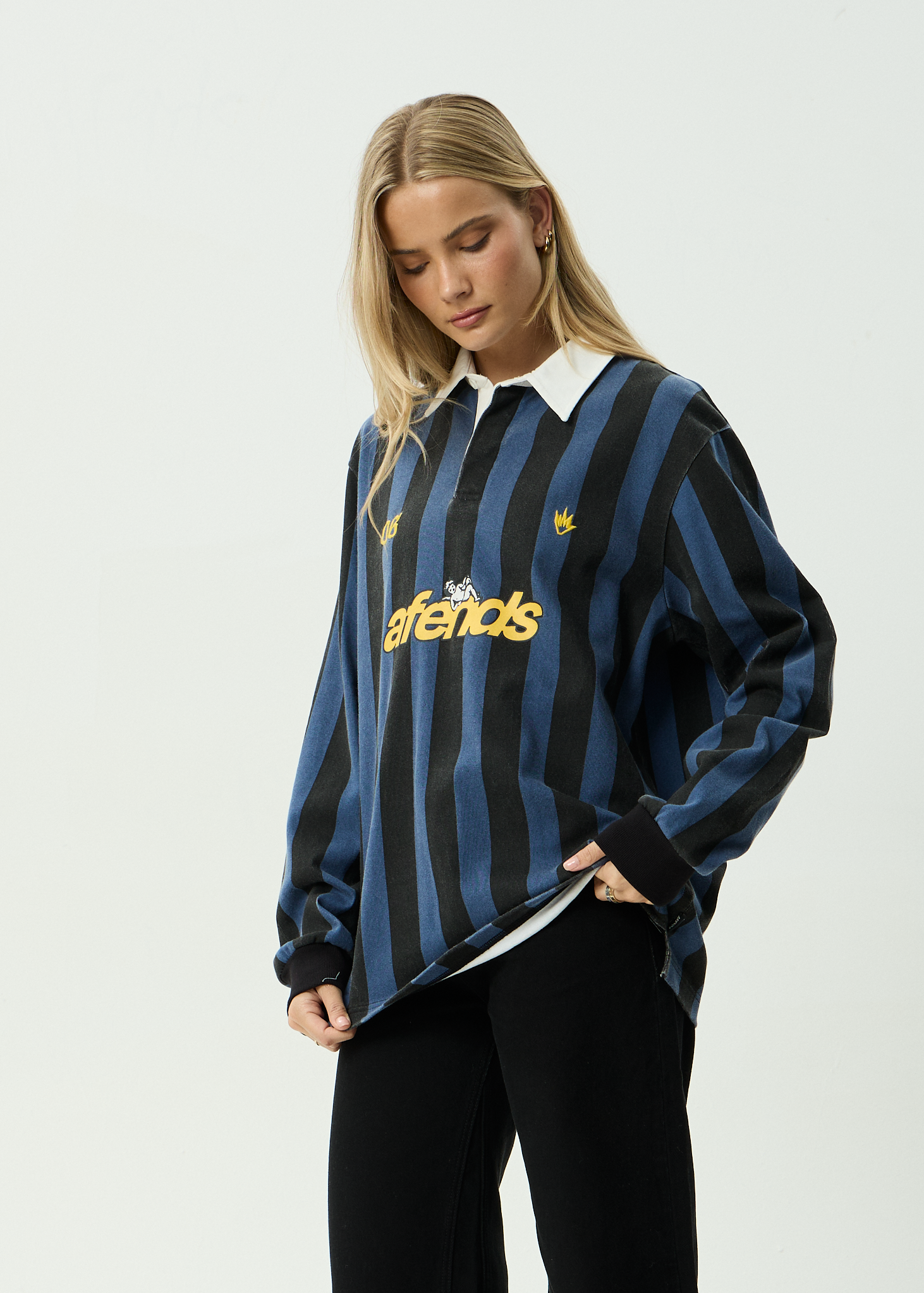 AFENDS Mens Angel Boy - Recycled Rugby Long Sleeve Tee - Black Stripe