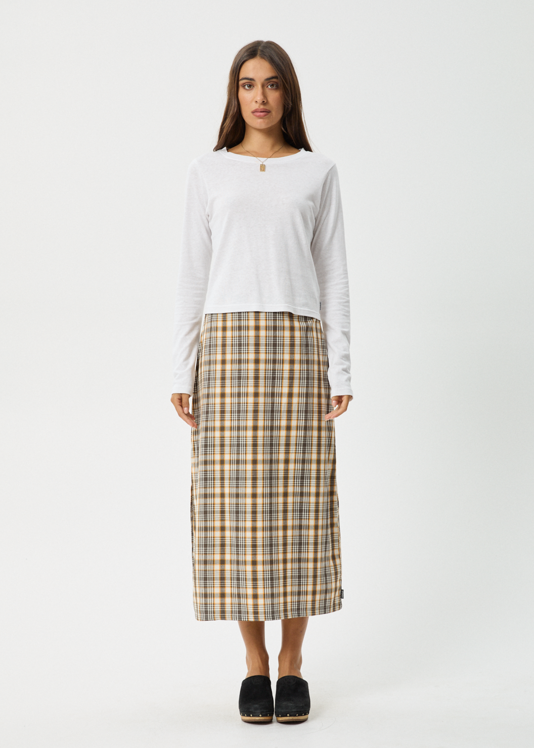 AFENDS Womens Check Out - Midi Skirt - Moonbeam Check 