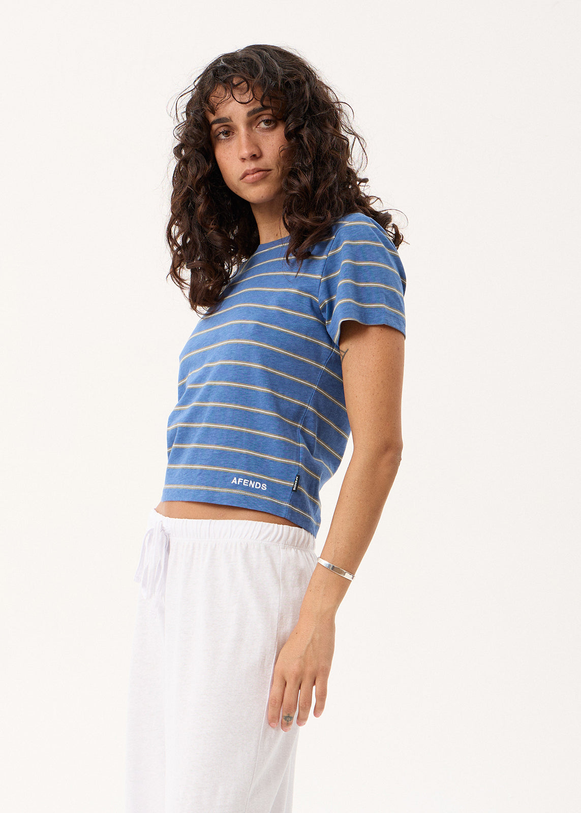 AFENDS Womens Altitude - Baby Tee - Slate Blue Stripe