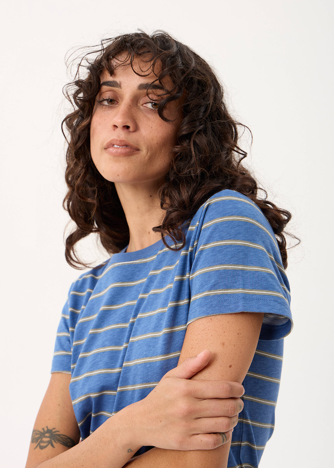 AFENDS Womens Altitude - Baby Tee - Slate Blue Stripe