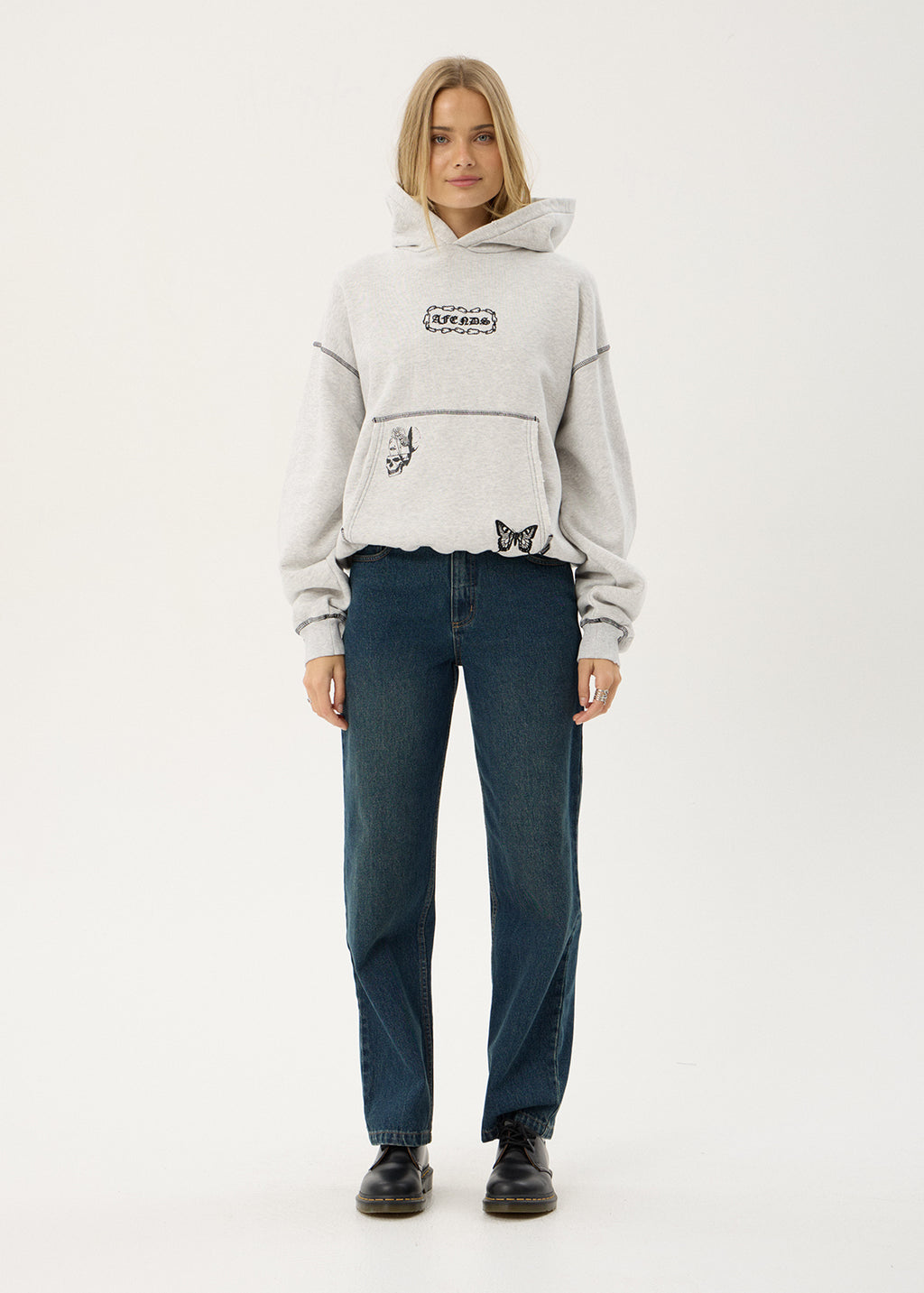 AFENDS Mens Spiritual - Distressed Boxy Hood - Grey Marle