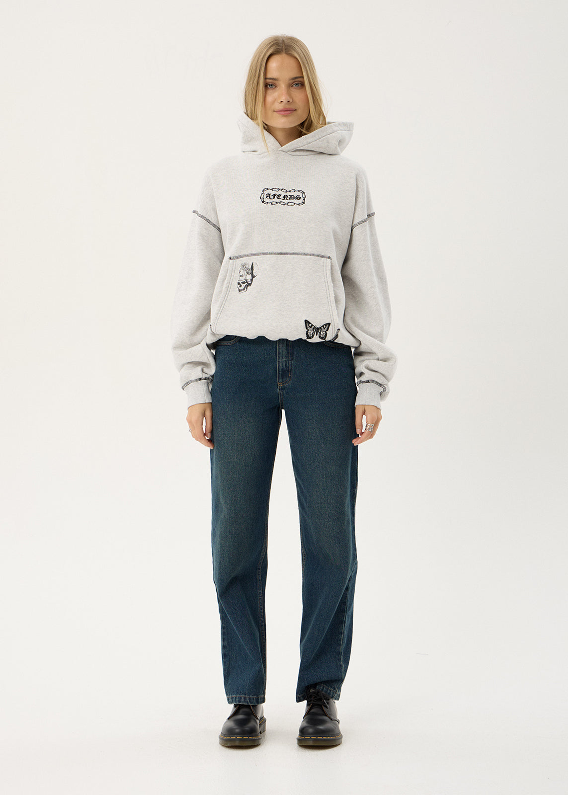 AFENDS Mens Spiritual - Distressed Boxy Hood - Grey Marle