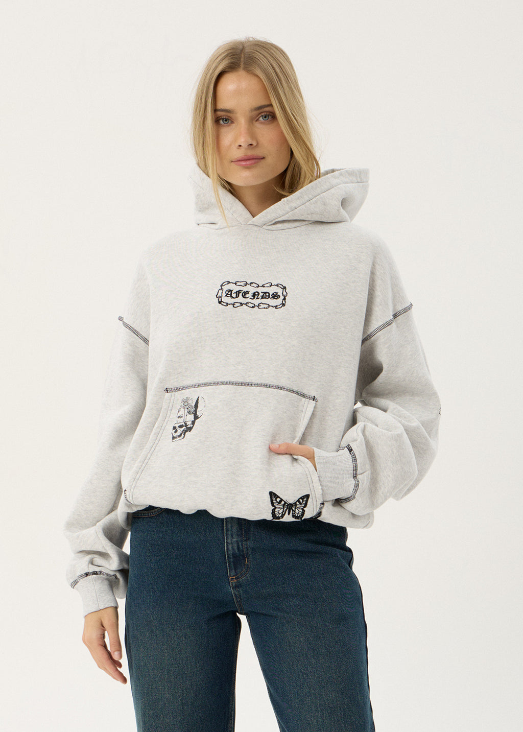 AFENDS Mens Spiritual - Distressed Boxy Hood - Grey Marle