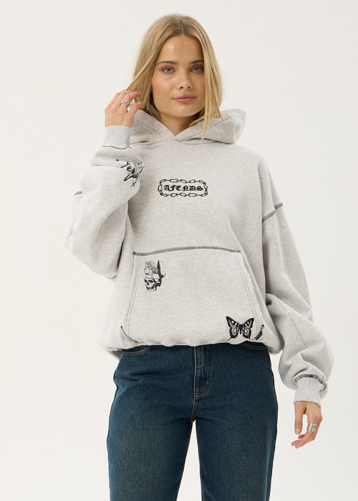 AFENDS Mens Spiritual - Distressed Boxy Hood - Grey Marle