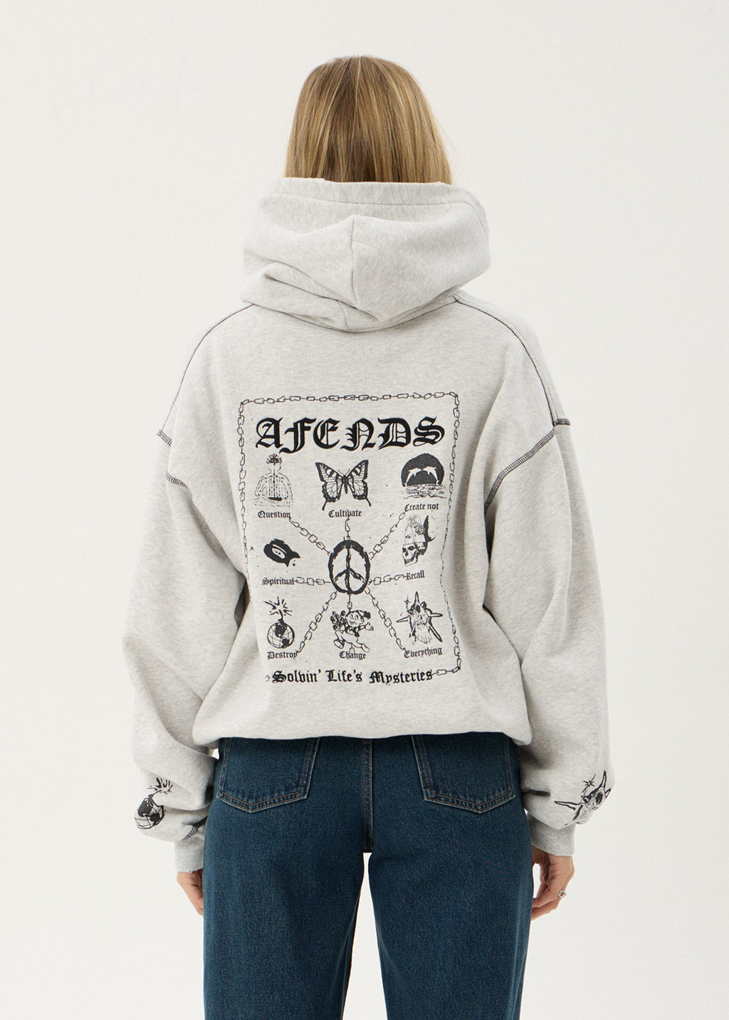 AFENDS Mens Spiritual - Distressed Boxy Hood - Grey Marle
