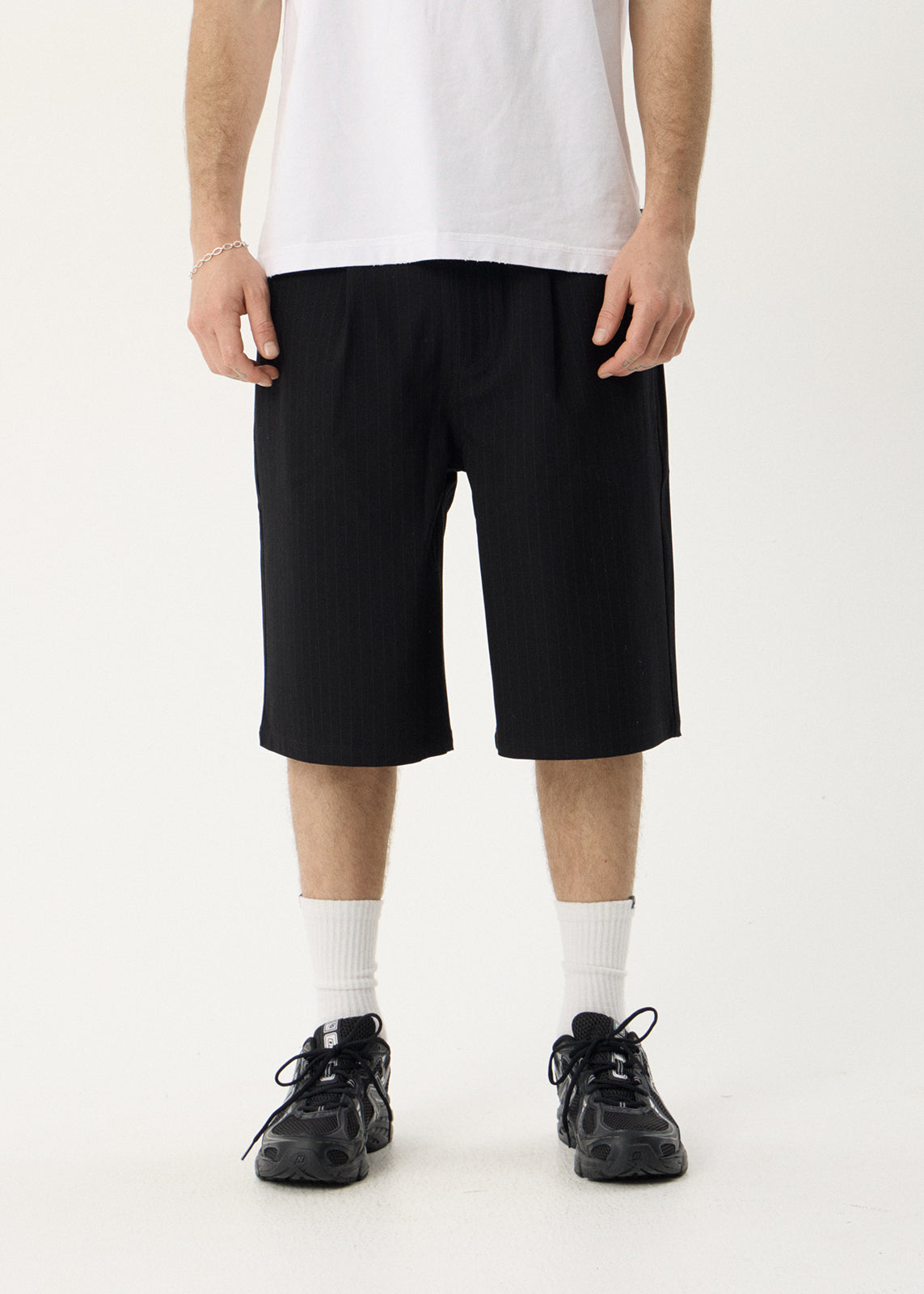 AFENDS Mens Business - Baggy Pleated Short 24" - Black Stripe