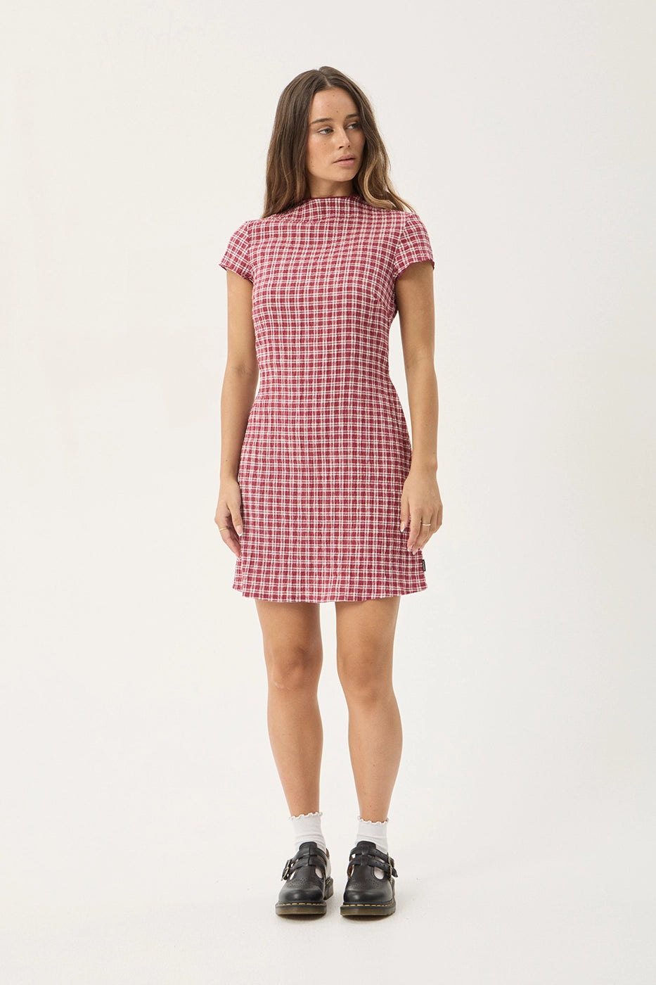 AFENDS Womens Elodie - Seersucker Mini Dress - Base Burgundy Check