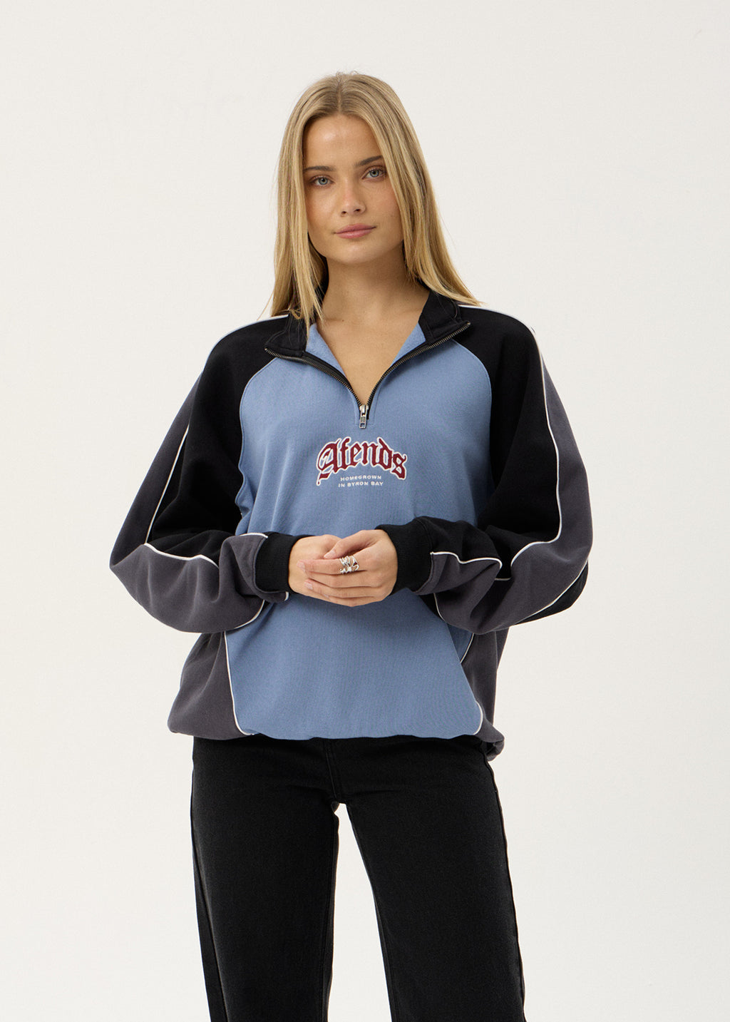 AFENDS Mens Occupancy - Paneled Quarter Zip Jumper - Slate Blue