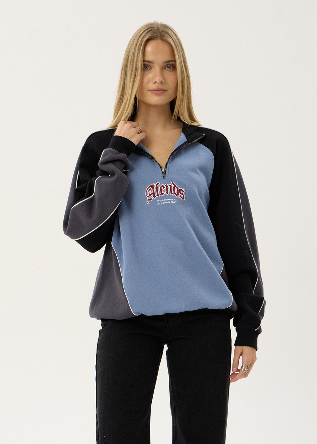 AFENDS Mens Occupancy - Paneled Quarter Zip Jumper - Slate Blue