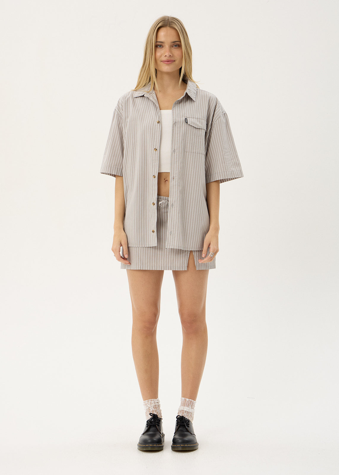 AFENDS Mens Lennox - Short Sleeve Shirt - Olive Stripe