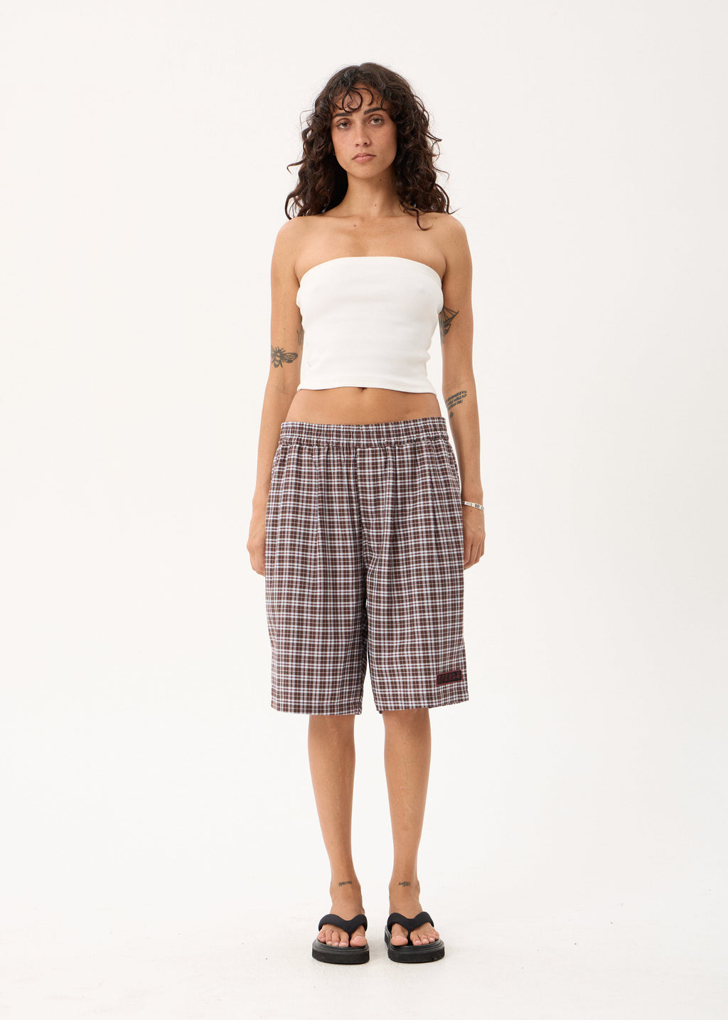 AFENDS Ninety Eight Leisure - Elastic Shorts 22" - Brown / Blue Check