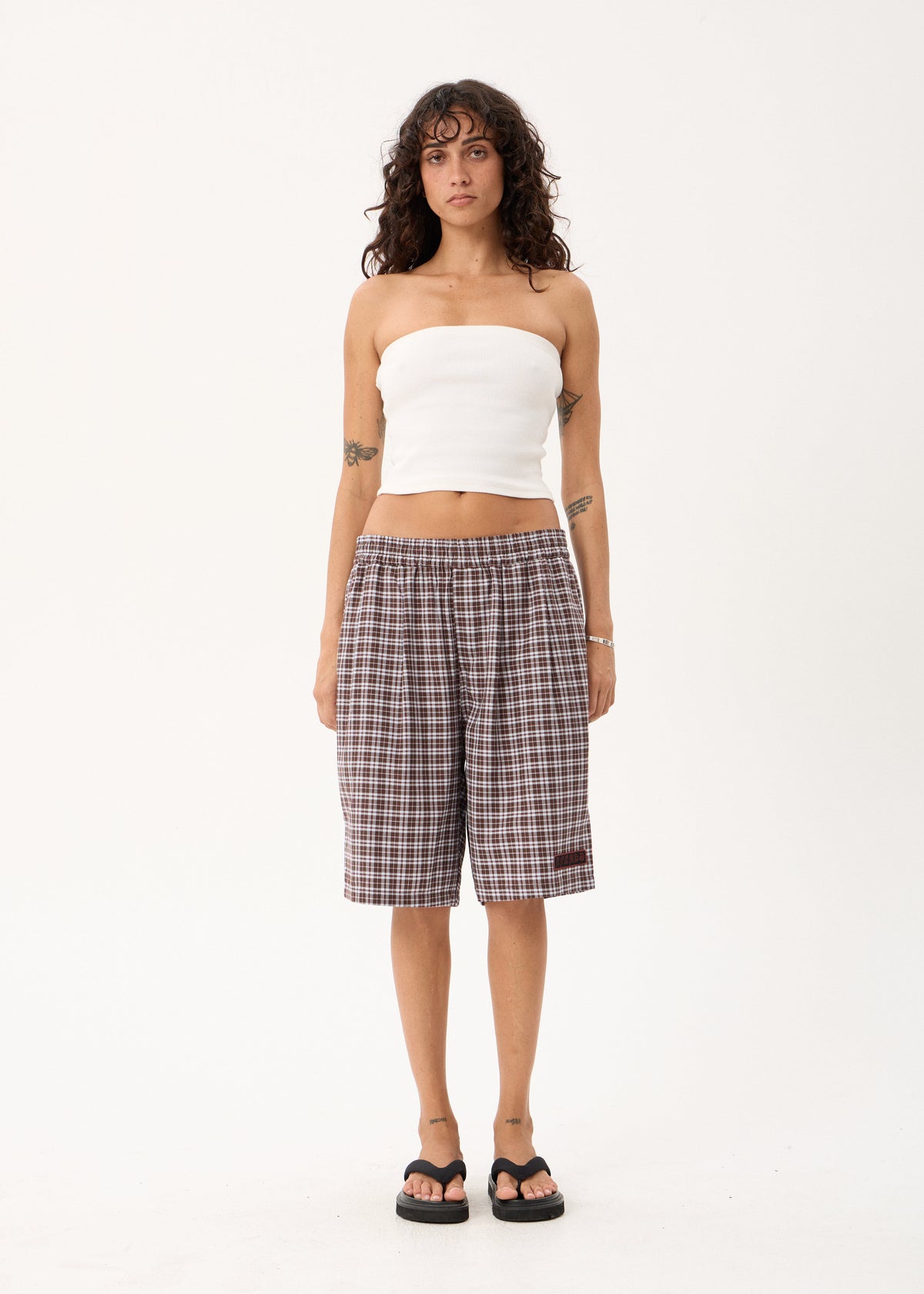 AFENDS Ninety Eight Leisure - Elastic Shorts 22" - Brown / Blue Check